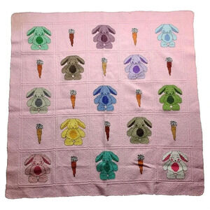 Cross Stitch Needlepoint Bunnies And Carrots Baby Blanket Pink 34" x 34" FLAW